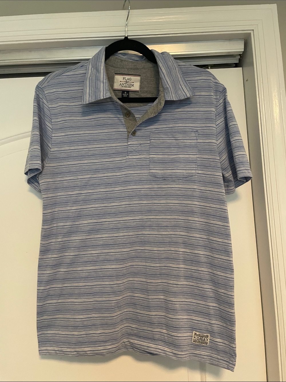 NWOT Flag & Anthem Light Blue Striped Polo with Chest Pocket